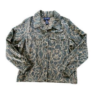 Denim & Co Olive Green Floral Print Tapestry Trucker Jacket Size L Boho Pockets
